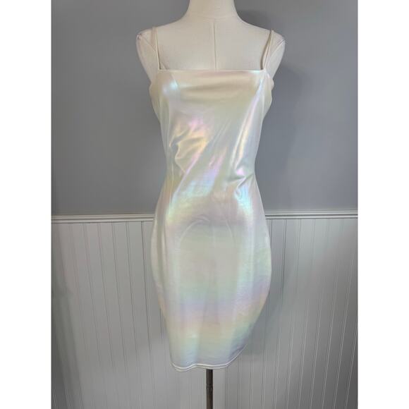 AKIRA Dresses & Skirts - Akira White Rainbow Iridescent Mini Bodycon Cami Strap Dress Size Medium